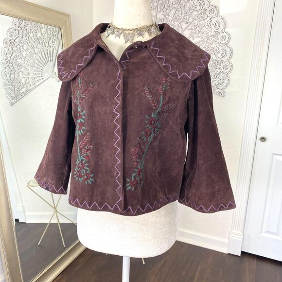90s Whimsygoth Boho Floral Embroidered Bolero Suede Leather Cape Jacket 8 / M - Picture 3 of 7